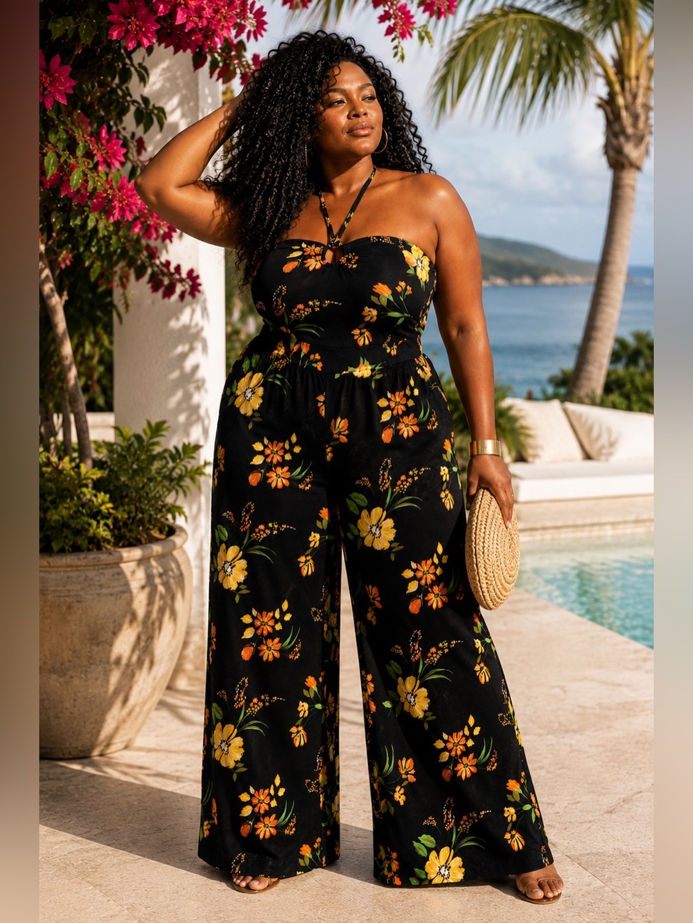 TORRID $103 Studio Knit O-Ring Halter Party Floral Black Wide Leg Jumpsuit Sz 4X